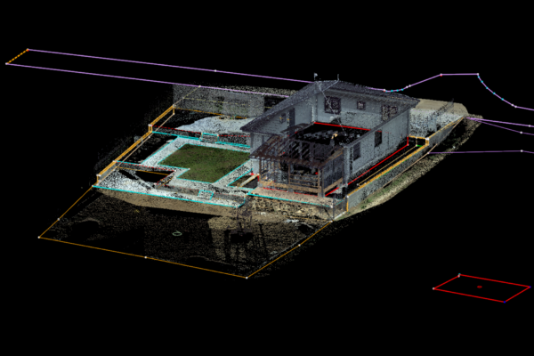 3D bodové mračno rodinného domu s vyznačenými inženýrskými sítěmi pro DTM
