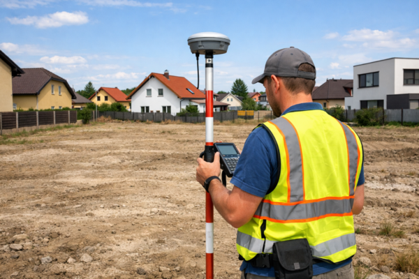 Geodet s GNSS přijímačem při zaměřování pozemku